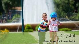  Presentation with childrens - Cool new presentation design with happy childrens outdoor brother and sister in park have fun boy and girl in park learning to ride a bike backdrop and a yellow colored foreground
