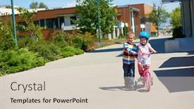  Presentation with childrens - Amazing slide set having happy childrens outdoor brother and sister in park have fun boy and girl in park learning to ride a bike backdrop and a lemonade colored foreground