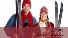  Presentation with ski - Beautiful slide deck featuring happy christmas couple with ski isolated over white background backdrop and a tawny brown colored foreground