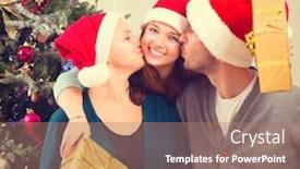  Presentation with portrait happy family smiling - Colorful slide set enhanced with happy christmas family portrait smiling parents with teenage daughter at home celebrating new year christmas tree backdrop and a coral colored foreground