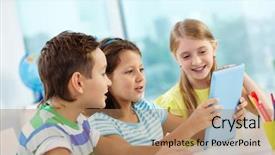  Presentation with using digital tablet - Presentation theme featuring happy classmates at workplace using background and a coral colored foreground