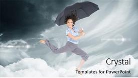  Presentation with classy - Colorful slide set enhanced with happy classy businesswoman jumping while holding umbrella against blue sky backdrop and a sky blue colored foreground