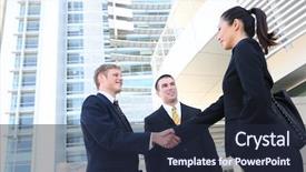  Presentation with team hands - Colorful theme enhanced with happy client - business man and woman team backdrop and a wine colored foreground