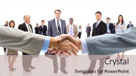  Presentation with shaking hands - PPT theme consisting of happy client - business people shaking hands background and a mint green colored foreground