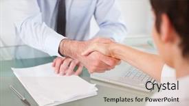  Presentation with office workers - Slide deck consisting of happy client - office workers having a handshake background and a lemonade colored foreground