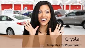  Presentation with auto dealership - Audience pleasing presentation consisting of happy client woman near cars backdrop and a coral colored foreground