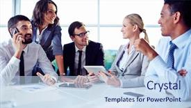  Presentation with office ergonomics man worker exercising - Amazing presentation design having happy co-workers discussing ideas backdrop and a light blue colored foreground