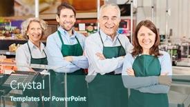  Presentation with team leader - Amazing PPT layouts having happy-colleagues-as-sales-team backdrop and a ocean colored foreground