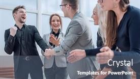  Presentation with financial - Presentation theme consisting of happy-colleagues-discussing-a-new background and a ocean colored foreground