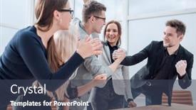  Presentation with financial - Theme having happy-colleagues-discussing-a-new background and a tawny brown colored foreground