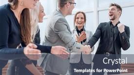  Presentation with financial - Slides enhanced with happy-colleagues-discussing-a-new background and a ocean colored foreground