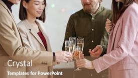  Presentation with flutes - Slide deck with happy-colleagues-in-smart-casualwear background and a coral colored foreground