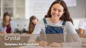 Presentation with school desk - Slide set featuring happy-college-student-smiling-during background and a coral colored foreground