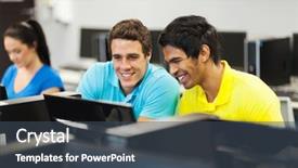  Presentation with skills - Cool new PPT layouts with happy college students learning computer backdrop and a ocean colored foreground