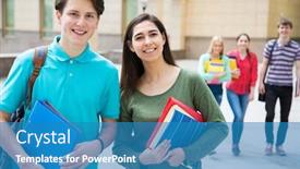  Presentation with walking together - Cool new slide set with happy college students walking together backdrop and a teal colored foreground