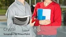  Presentation with college campus - PPT theme enhanced with happy college students with books looking at each other on campus background and a light gray colored foreground