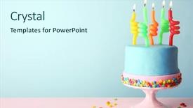  Presentation with birthday cake - Beautiful presentation theme featuring happy colour plain - birthday cake with candles backdrop and a cool aqua colored foreground