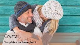  Presentation with light blue - Colorful theme enhanced with happy colour plain - couple smiling and looking each backdrop and a coral colored foreground