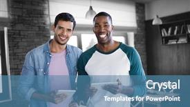  Presentation with digital - Slide set featuring happy colour plain - smiling businessmen are using background and a teal colored foreground