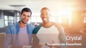  Presentation with digital transformation of industry - PPT layouts having happy colour plain - smiling businessmen are using background and a coral colored foreground