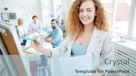  Presentation with data meeting - Presentation design consisting of happy confident attractive business lady with red curly hair explaining report data at meeting and making notes on board while looking at camera background and a sky blue colored foreground