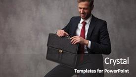  Presentation with interview - Presentation having happy confident businessman holding briefcase background and a dark gray colored foreground