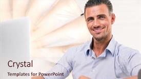  Presentation with confident - Colorful theme enhanced with happy confident man using laptop and looking at camera in studio backdrop and a lemonade colored foreground