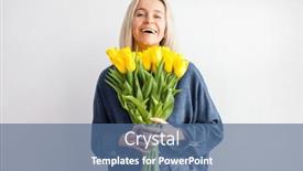  Presentation with happy birthday - Presentation theme with happy-confident-woman-with-bouquet background and a ocean colored foreground