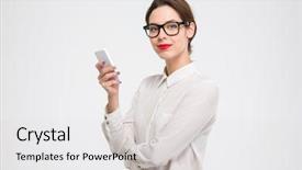  Presentation with confident - Audience pleasing PPT layouts consisting of happy confident young business woman backdrop and a light gray colored foreground