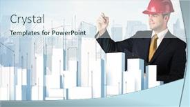  Presentation with city buildings - Audience pleasing theme consisting of happy-construction-worker-drawing backdrop and a sky blue colored foreground