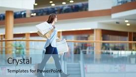  Presentation with hands down - Slides enhanced with happy consumer with paperbags background and a light blue colored foreground