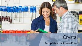  Presentation with hardware - Beautiful presentation featuring happy couple analyzing product in hardware store backdrop and a light blue colored foreground