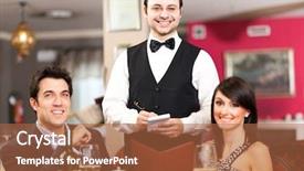  Presentation with restaurant waiter - Slide deck enhanced with happy couple and waiter smiling in the restaurant background and a red colored foreground