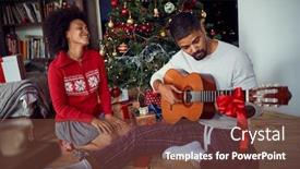  Presentation with christmas play - Slide deck enhanced with happy-couple-at-christmas-morning background and a tawny brown colored foreground