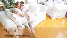  Presentation with mortgage - Beautiful presentation design featuring happy couple at home mortgage and insurance concept backdrop and a yellow colored foreground