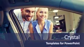  Presentation with car buying - Slide set featuring happy couple buying car background and a navy blue colored foreground