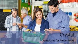  Presentation with customers - PPT layouts consisting of happy couple buying tools at hardware store with customers in background background and a ocean colored foreground