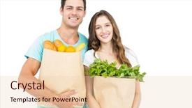  Presentation with grocery - Colorful presentation theme enhanced with happy couple carrying grocery bags on white background backdrop and a lemonade colored foreground
