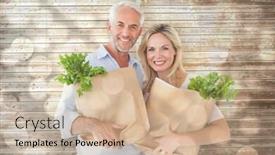  Presentation with grocery - Cool new slide set with happy couple carrying paper grocery bags against light circles on bright background backdrop and a soft green colored foreground