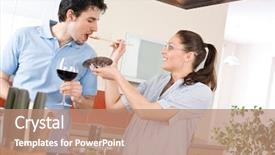  Presentation with wine tasting - Beautiful presentation theme featuring happy couple cook together in modern kitchen tasting food drink red wine backdrop and a coral colored foreground