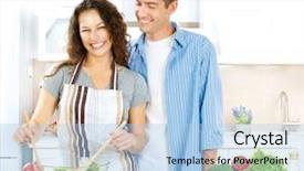  Presentation with gardening healthy food cooking - Colorful theme enhanced with happy couple cooking together - man backdrop and a light blue colored foreground