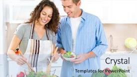  Presentation with vegan food - Audience pleasing presentation theme consisting of happy couple cooking together - man and woman in their kitchen at home preparing dinner - vegetable salad diet dieting healthy vegetarian food vegan family cooking together at home backdrop and a light blue colored foreground