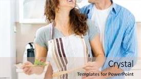  Presentation with vegan food - Presentation theme having happy couple cooking together - man and woman in their kitchen at home preparing dinner - vegetable salad diet dieting healthy vegetarian food vegan family cooking together at home background and a soft green colored foreground