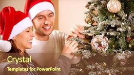  Presentation with christmas new year frame banner - Presentation theme consisting of happy couple decorating christmas tree background and a tawny brown colored foreground