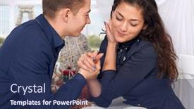  Presentation with eiffel tower - Theme with happy couple drinking coffee near window with a view of the eiffel tower - travel and love concept background and a navy blue colored foreground