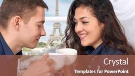  Presentation with eiffel tower - Slide deck enhanced with happy couple drinking coffee near window with a view of the eiffel tower - travel and love concept background and a coral colored foreground