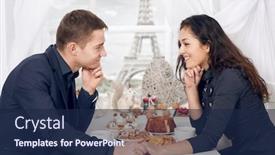  Presentation with eiffel tower - PPT theme with happy couple drinking coffee and talking with a view of the eiffel tower - travel and love concept background and a navy blue colored foreground