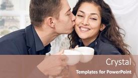  Presentation with eiffel tower - PPT theme enhanced with happy couple drinking coffee and kissing with a view of the eiffel tower - travel and love concept background and a coral colored foreground