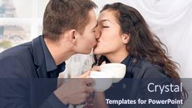  Presentation with eiffel tower - Presentation design consisting of happy couple drinking coffee and kissing with a view of the eiffel tower - travel and love concept background and a tawny brown colored foreground