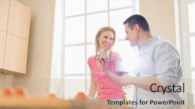  Presentation with wine - Presentation theme consisting of happy couple drinking red wine in kitchen background and a coral colored foreground